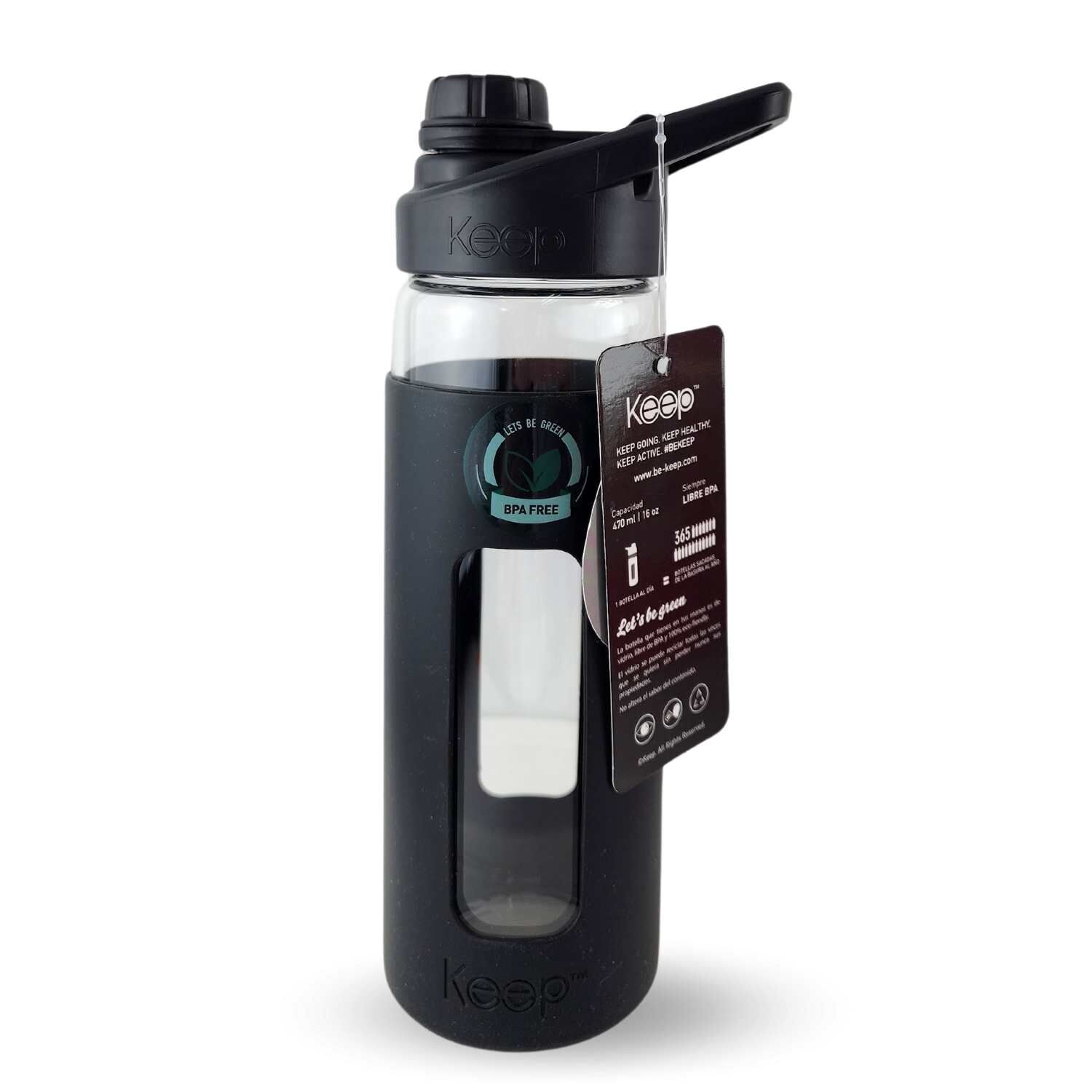 Botella Keep 470ml Vidrio Protector Agua Deportes Outdoor Negro image number 1.0