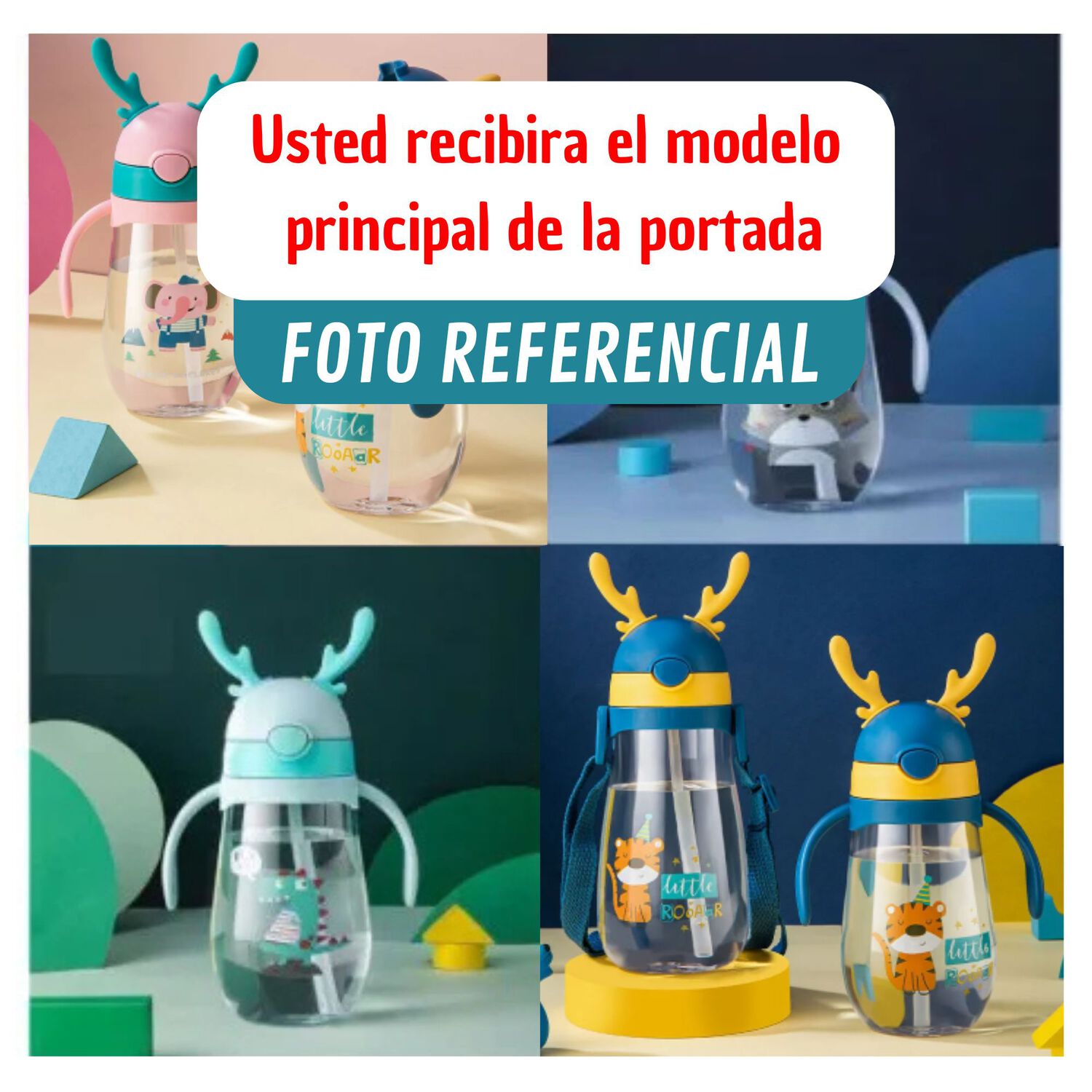 Botella Pl&aacute;stica 480 Ml Con Bombilla Y Orejitas Kawai Sin Bpa Ni&ntilde;os Tiger With Handles image number 3.0