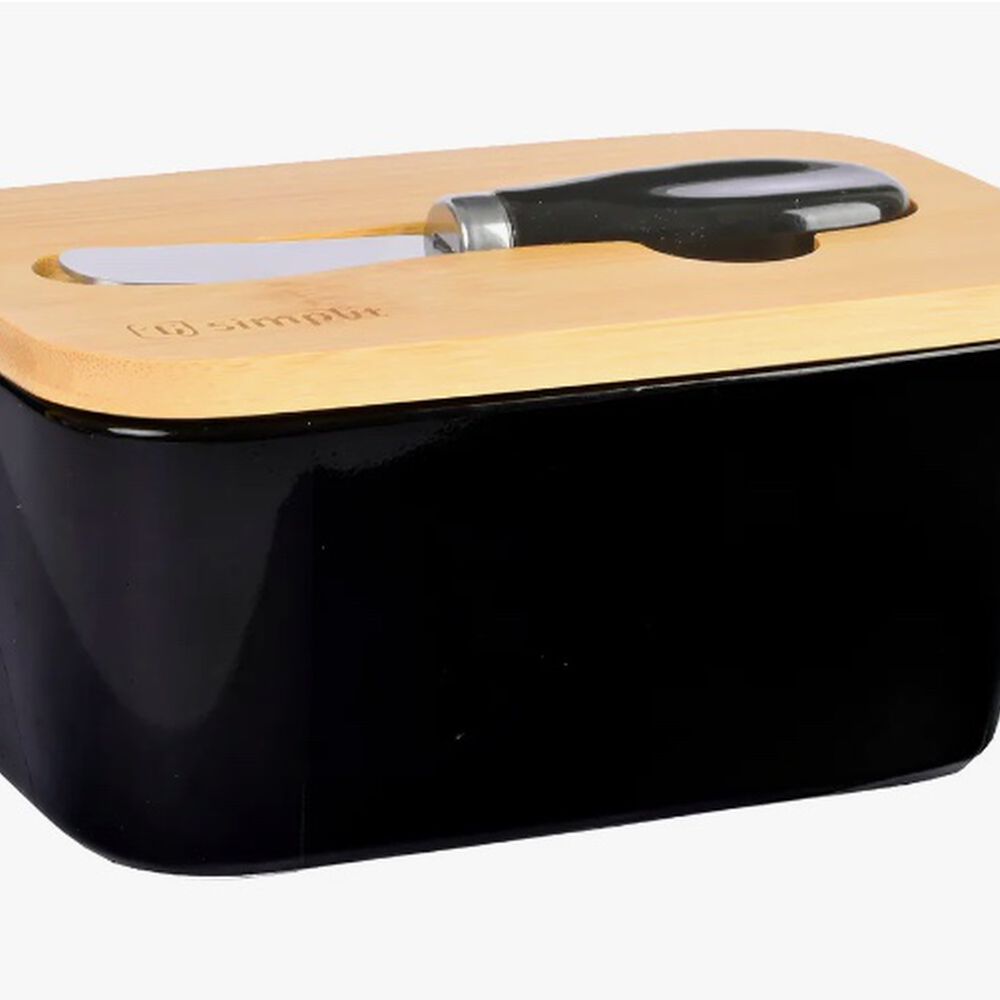 Mantequillero Cer&aacute;mica Tapa Bamboo + Cuchillo 600 Ml Negro image number 0.0