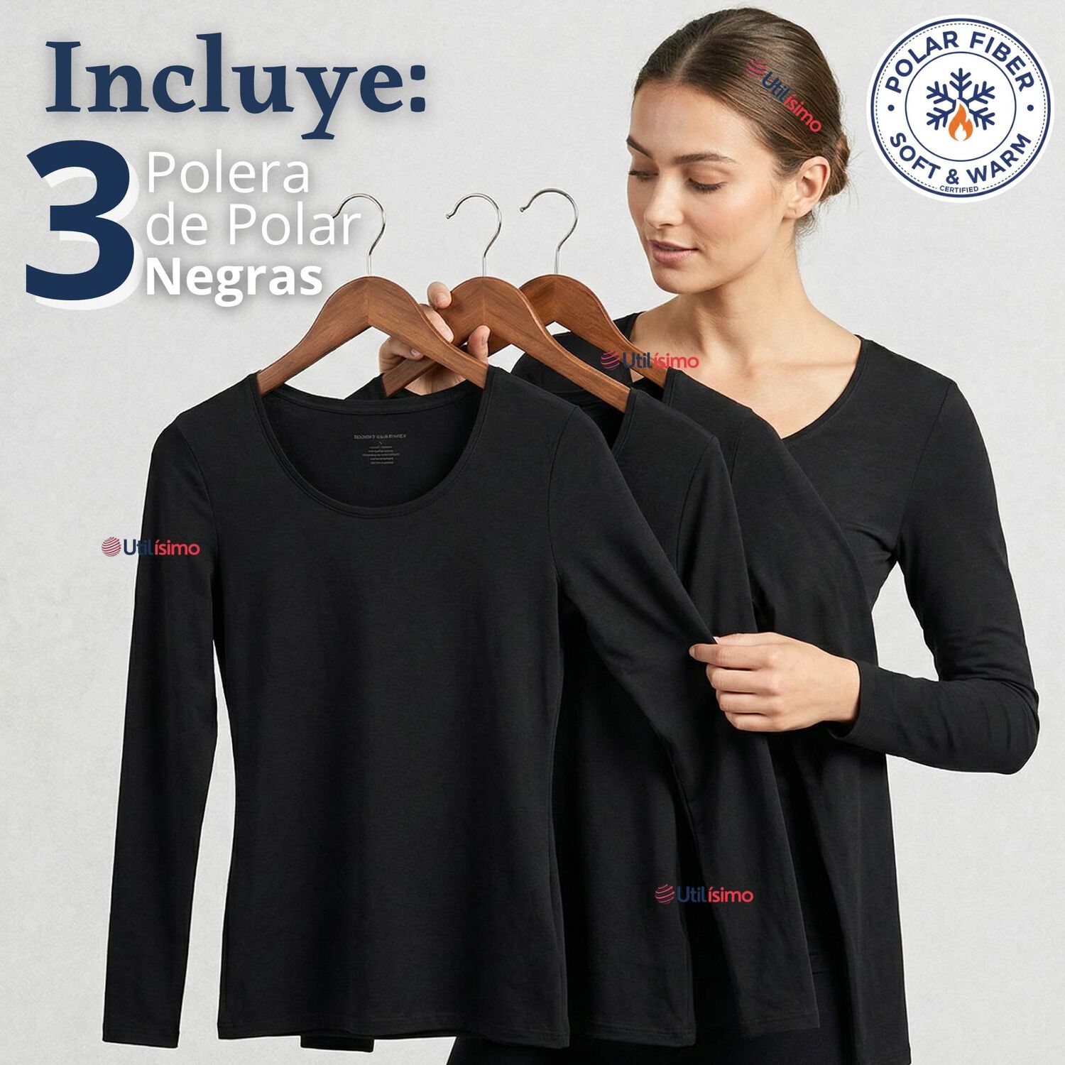 Pack 3 Camisetas Poleras Polar Primera Capa Negro Manga Larga Mujer image number 1.0