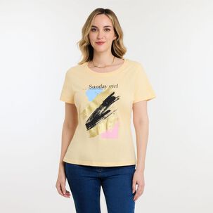 Polera Lisa Con Estampado Frontal Manga Corta Cuello Redondo Mujer Geeps