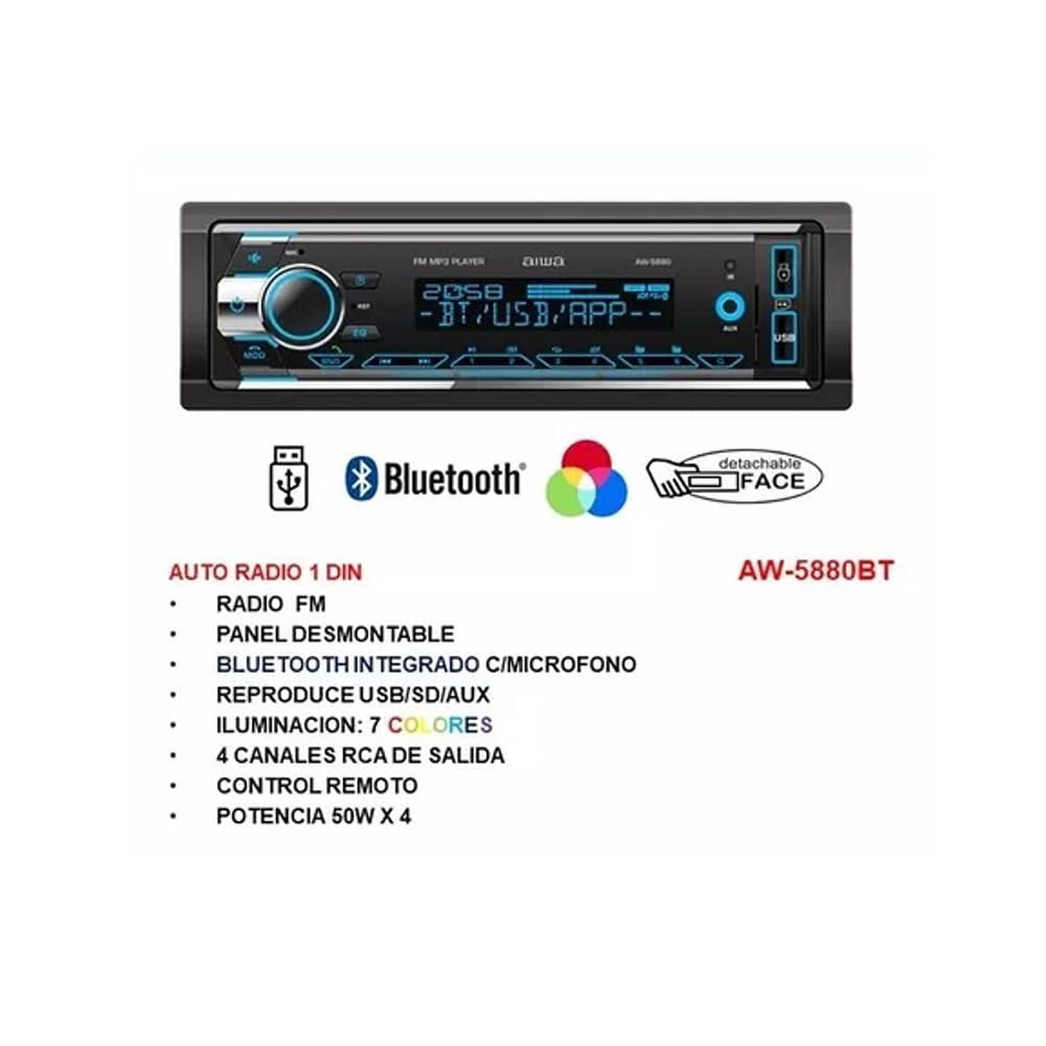 Radio Para Auto Aiwa Modelo Aw-5880bt Con Usb, Bluetooth Y Lector De Tarjeta Sd image number 1.0