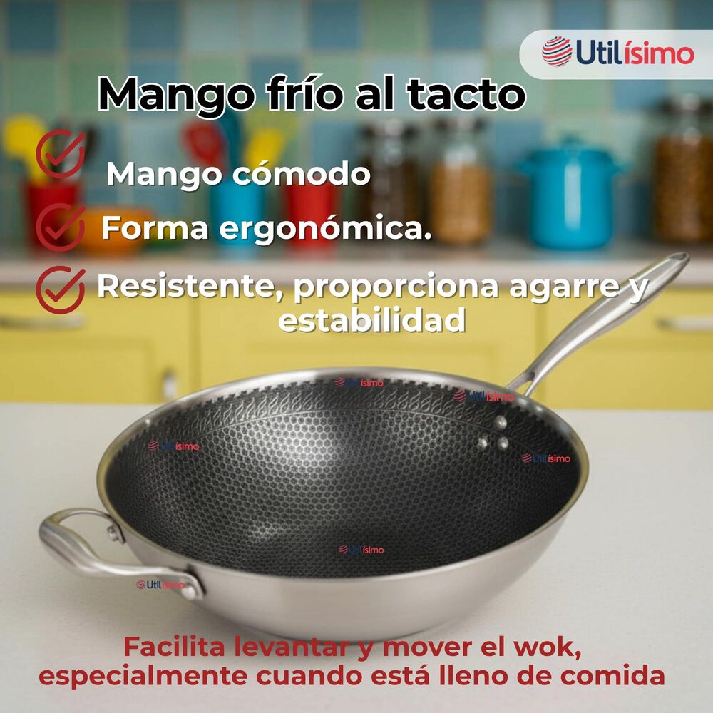 Sartén Wok Acero Inoxidable Antiadherente 34cm +cuchara De Madera Bambú image number 7.0