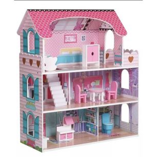 Casa De Mu&ntilde;ecas Cl&aacute;sica De Madera Rosada Con Accesorios