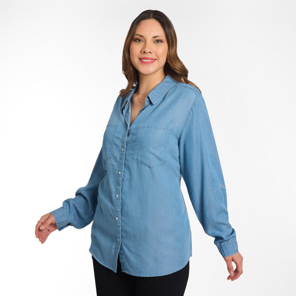 Blusa Denim Manga Larga Cuello Camisero Mujer Sexy Large image number 2.0