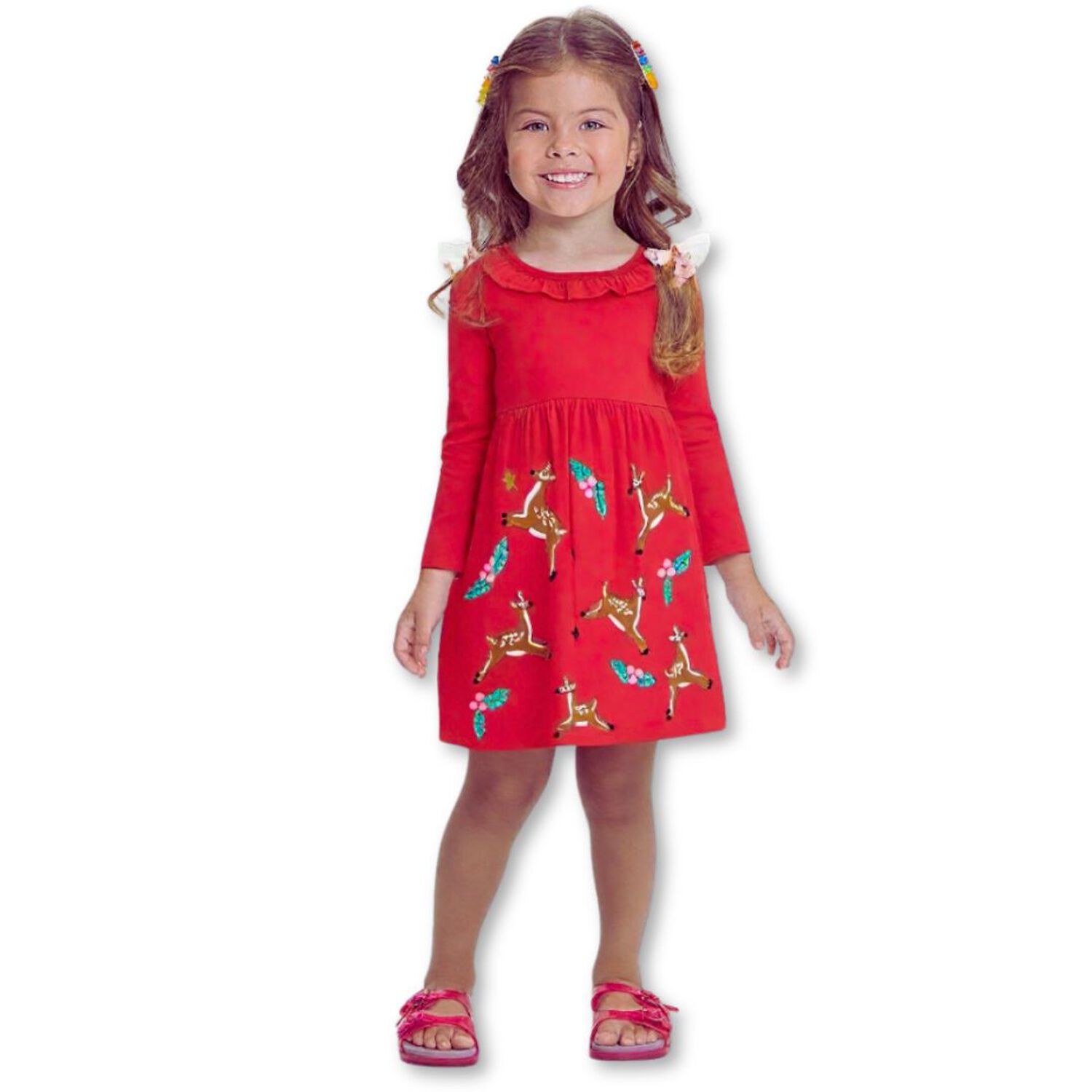 Vestido De Algod&oacute;n Navidad Manga Larga Ni&ntilde;a 2 A 7 A&ntilde;os Ciervos Rojos image number 0.0