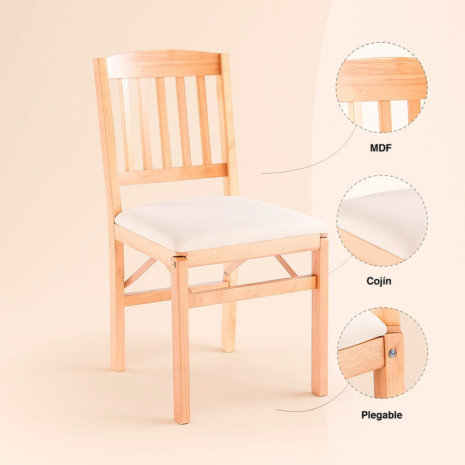 Silla Moderna Plegable De Madera Clara Con Tapizado Neutro image number 4.0