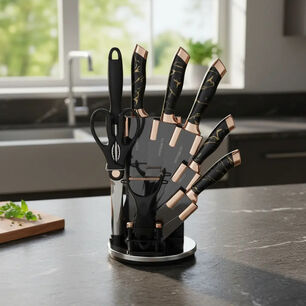 Set Cuchillos De Cocina 9 Piezas Con Base Giratoria Marmoleado Negro Dorado
