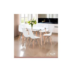 Comedor Mesa De Vidrio Rectangular 120x80 + 6 Sillas Eames Blancas