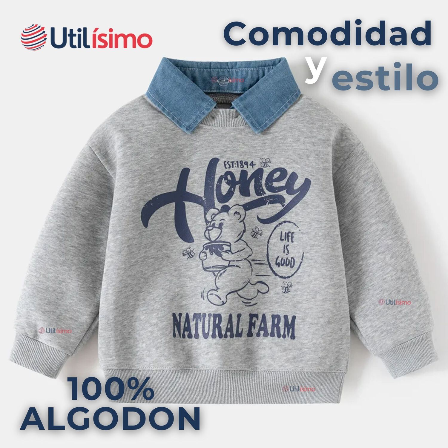 Poler&oacute;n Estilo Pique Manga Larga Ni&ntilde;o 100% Algod&oacute;n Gris image number 1.0