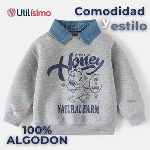 Polerón Estilo Pique Manga Larga Niño 100% Algodón Gris