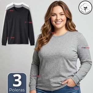 Pack 3 Camisetas Poleras Algod&oacute;n Manga Larga Cuello Redondo Primera Capa Mujer