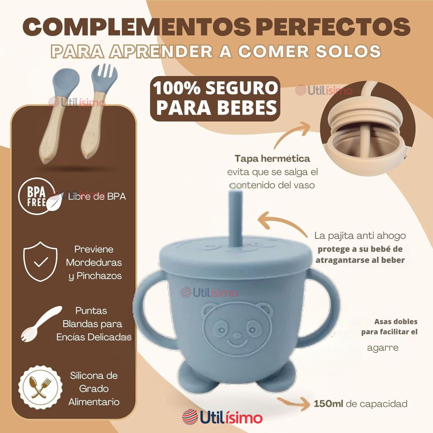 Set De Alimentaci&oacute;n Beb&eacute; Silicona De Formas 6 Piezas Libre Bpa Color Celeste image number 9.0