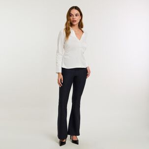 Blusa Lisa Con Aplicación Manga Larga Cuello Camisero Mujer Kimera