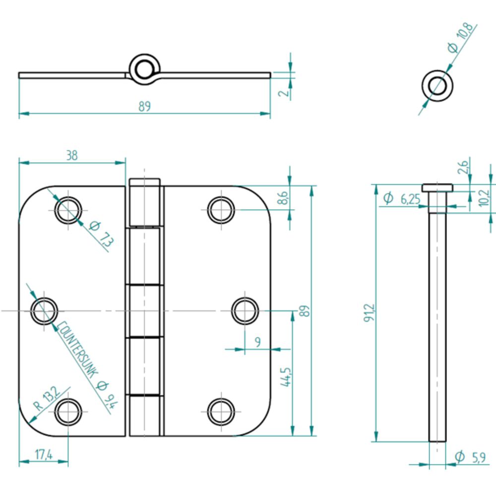 Pack 2 Bisagras Acero Odis 3,5&rdquo;&times;3,5&rdquo;&times;2,0mm Canto Redondo - Plata image number 5.0