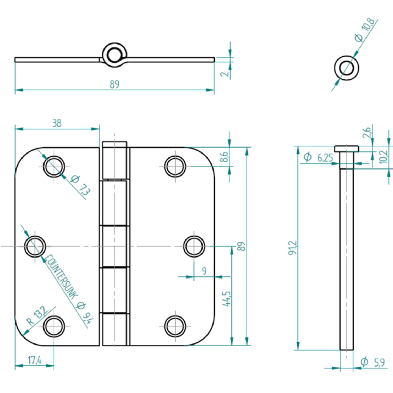 Pack 2 Bisagras Acero Odis 3,5&rdquo;&times;3,5&rdquo;&times;2,0mm Canto Redondo - Plata image number 5.0