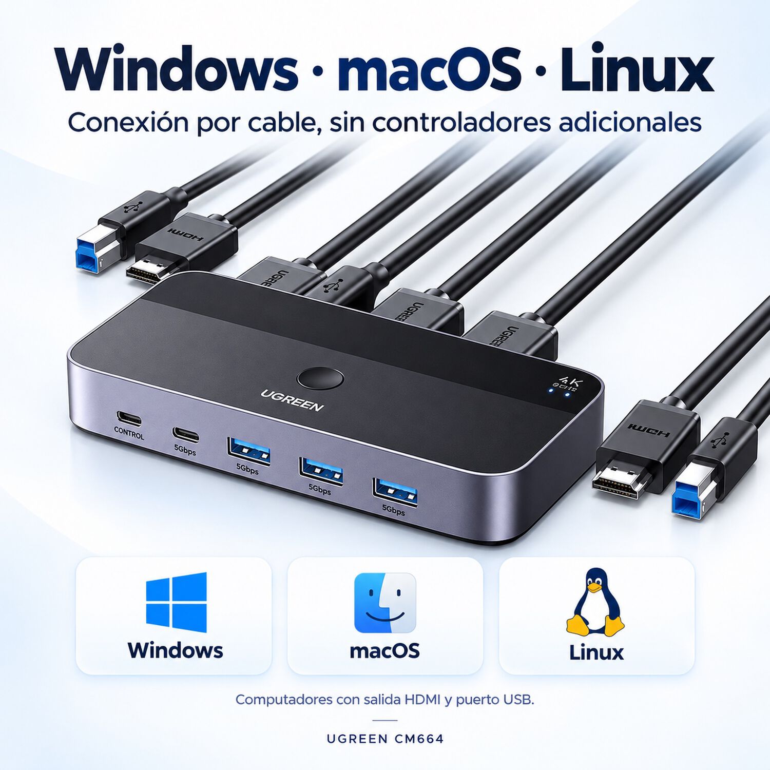 Switch Kvm Ugreen Hdmi 4k 60hz Usb 3.0 Para 2 Pc image number 7.0