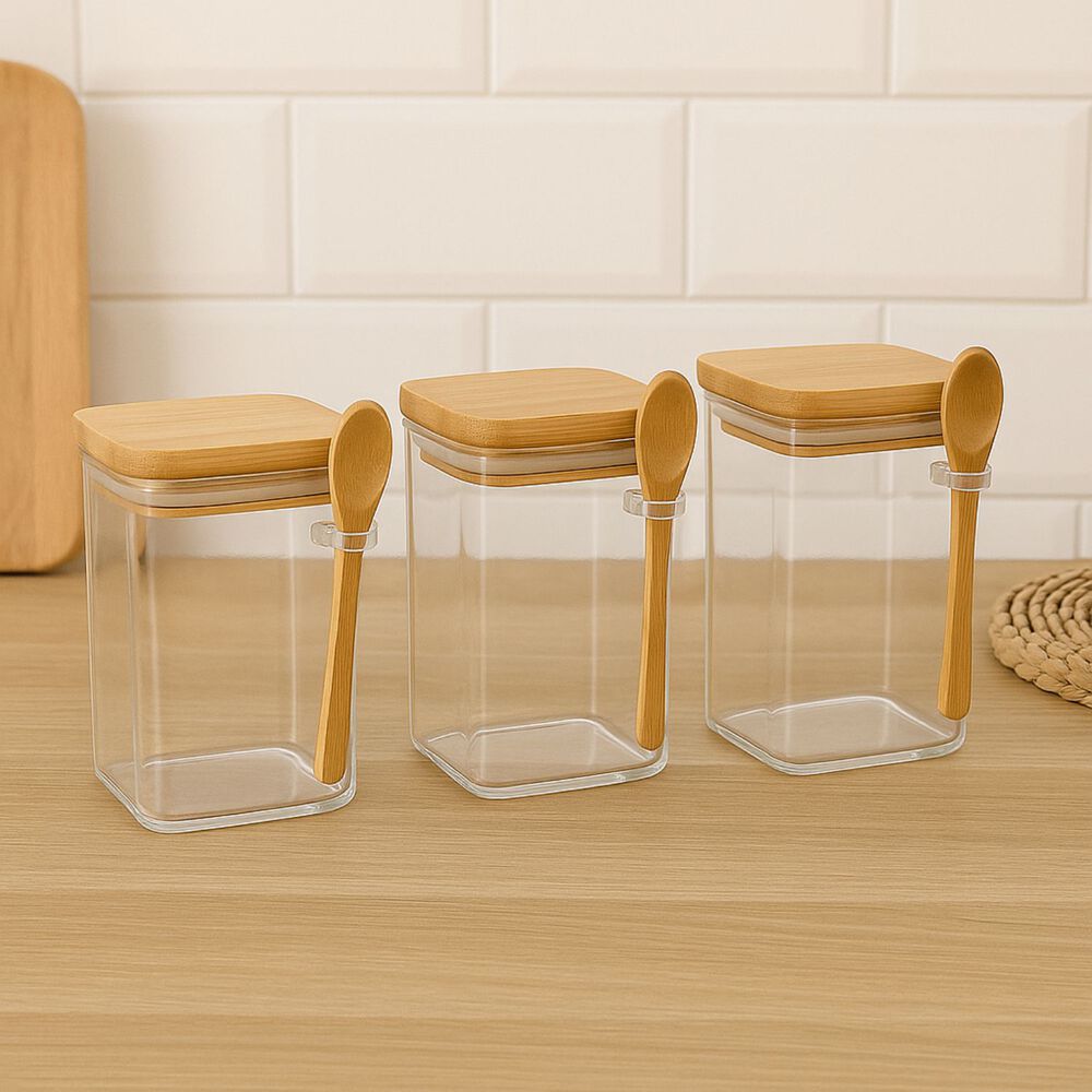 Set 3 Frasco Contenedor 1100ml 12cm Cuadrado Cuchara Bambú image number 3.0