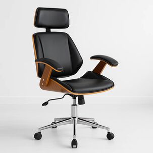 Silla Oficina Cuero Negra Con Apoyabrazos Madera Y Respaldo Cabeza