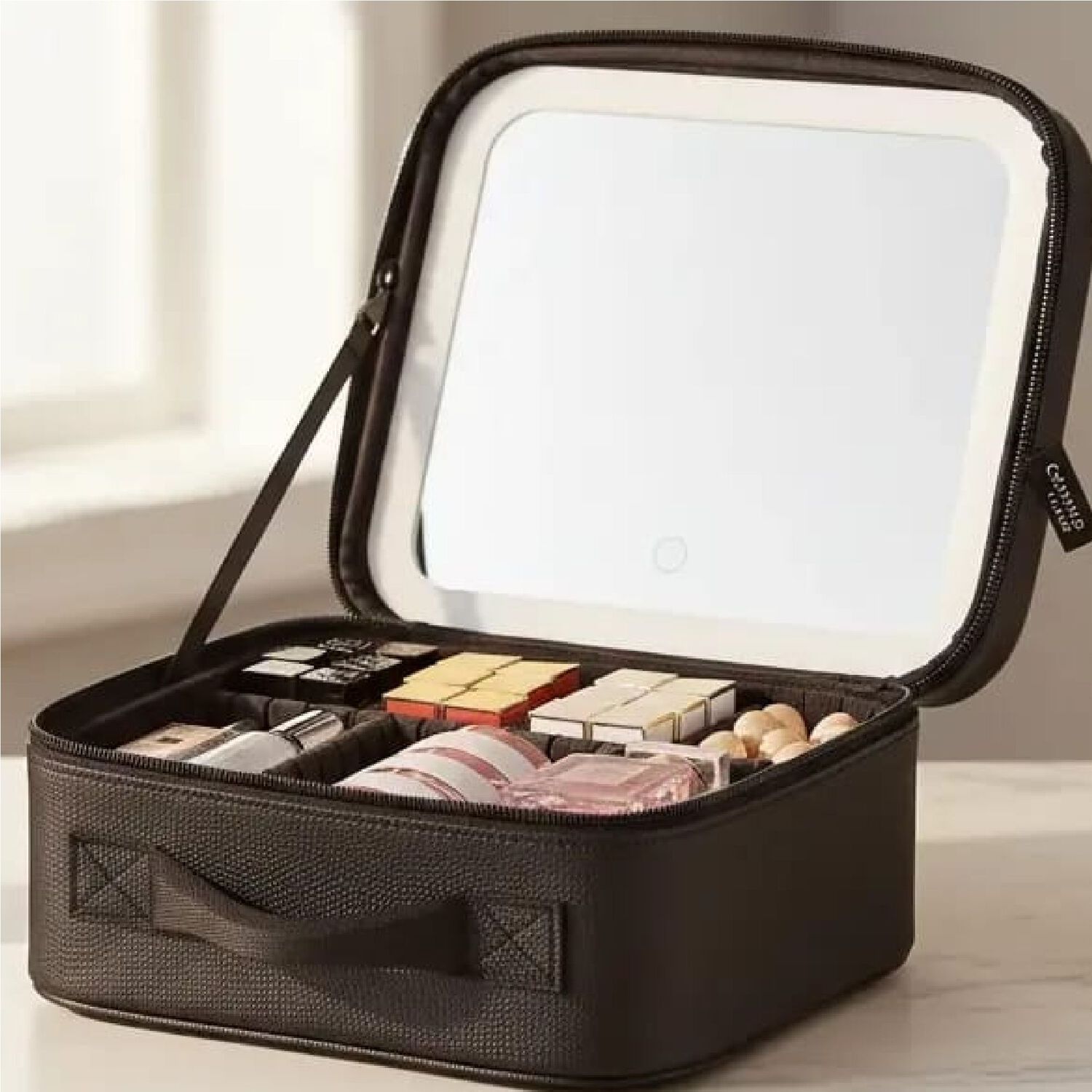 Cosmetiquero Organizador Port&aacute;til Con Espejo Luz Led Color Negro. image number 0.0