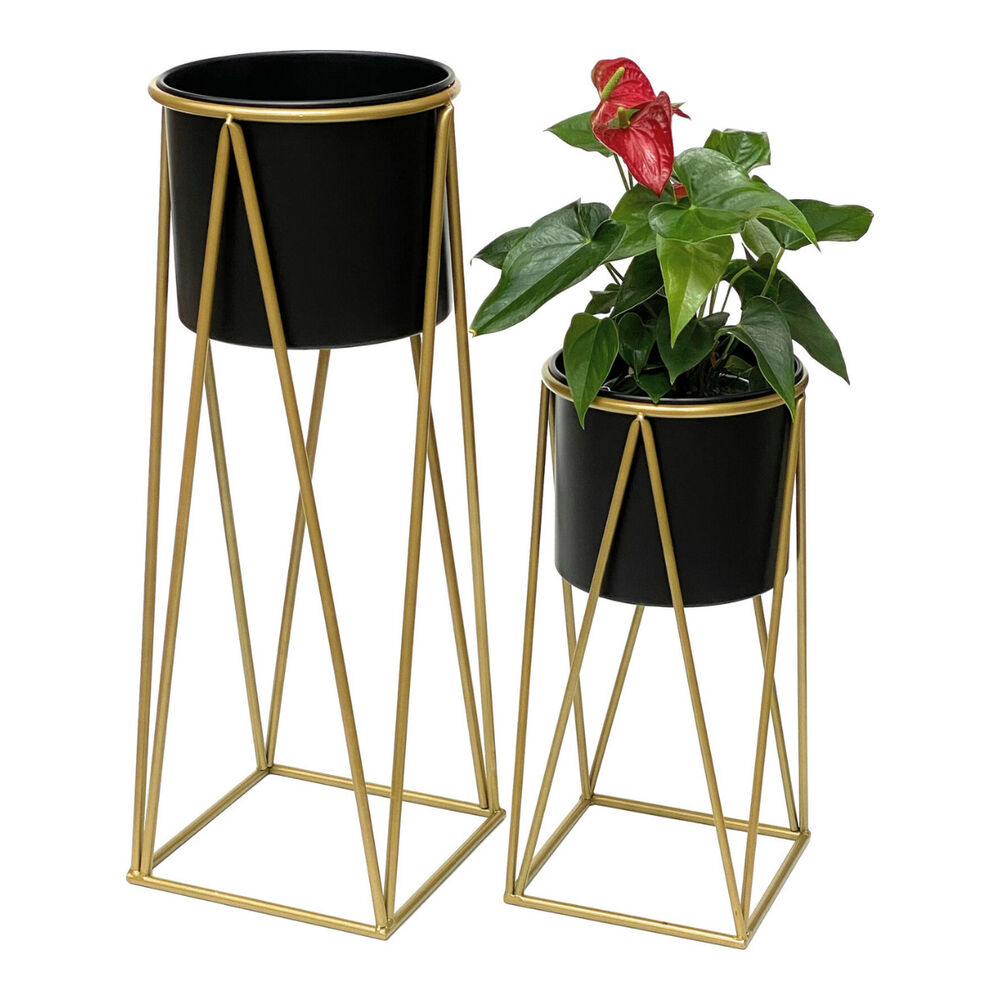 Set 2 Porta Maceteros Pedestal Maceta Plantas Negro Dorados image number 0.0