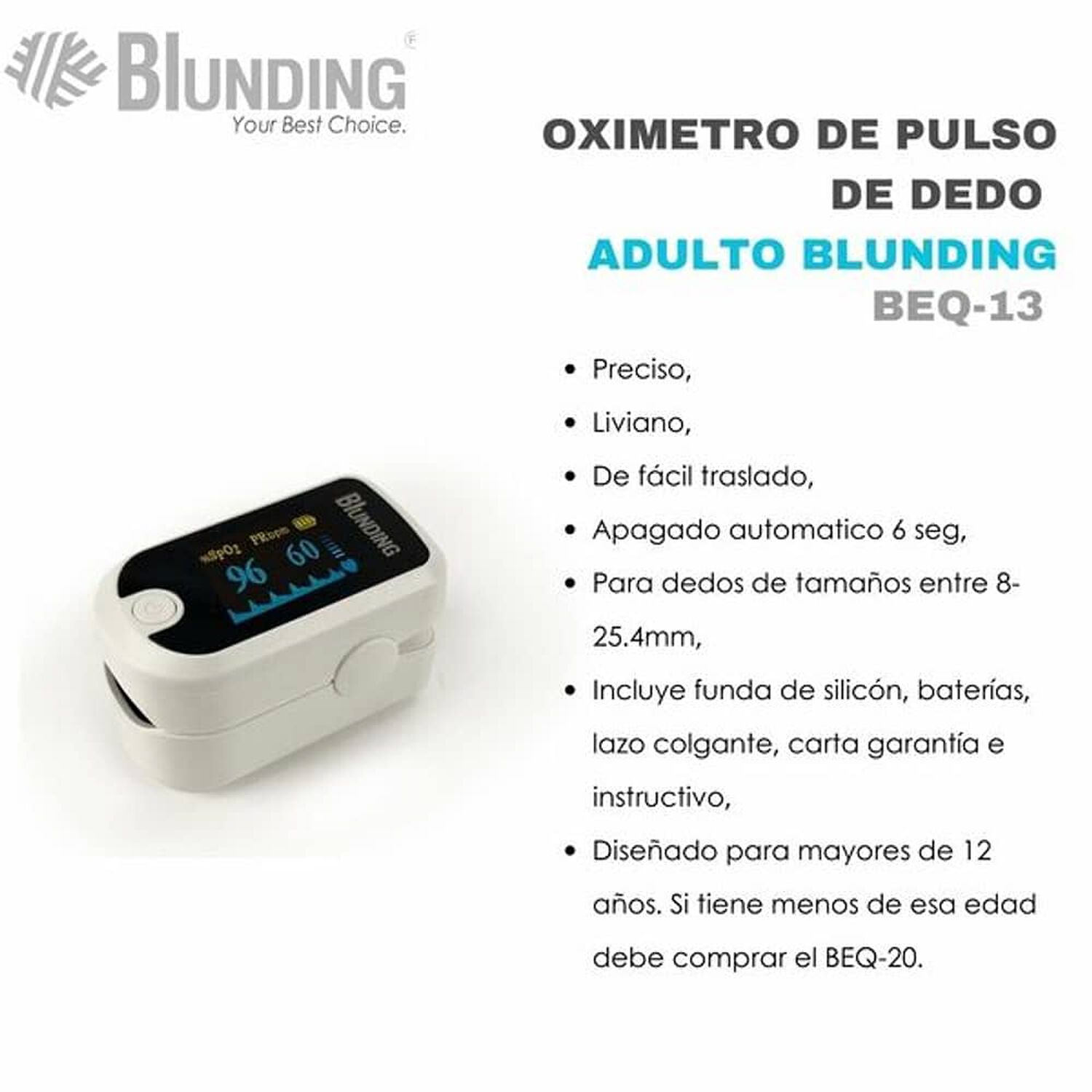 Oximetro De Pulso De Dedo Adulto Blunding image number 1.0