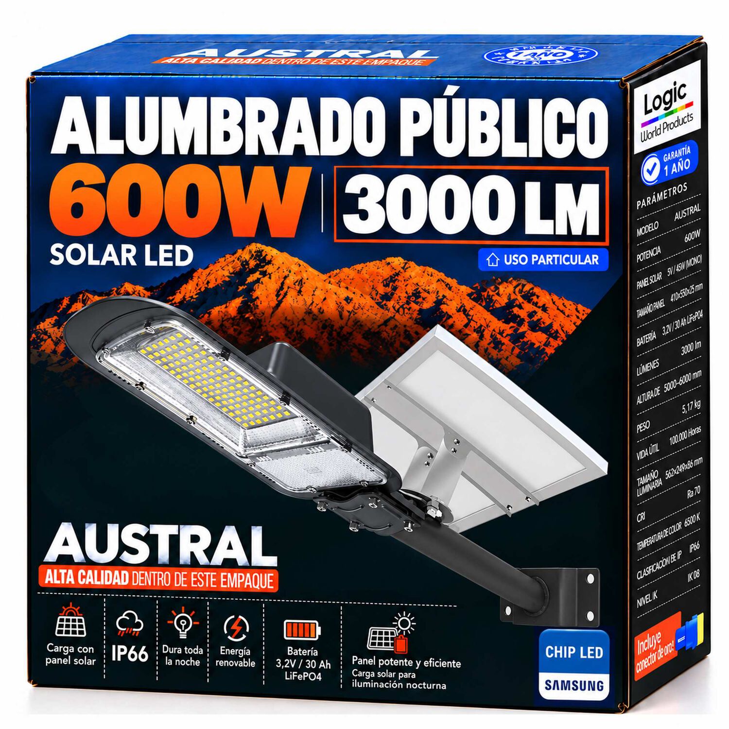 Luminaria Solar Peatonal Austral 600w Con Panel De Alta Eficiencia image number 2.0