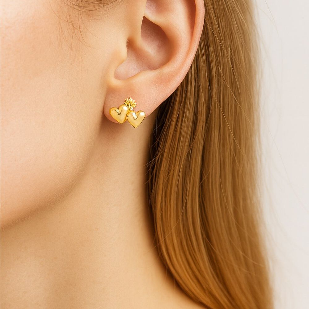 Aros Doble Coraz&oacute;n Oro 18k Atornillados 1.10gr Mujer Ni&ntilde;a Hipoalerg&eacute;nicos image number 1.0