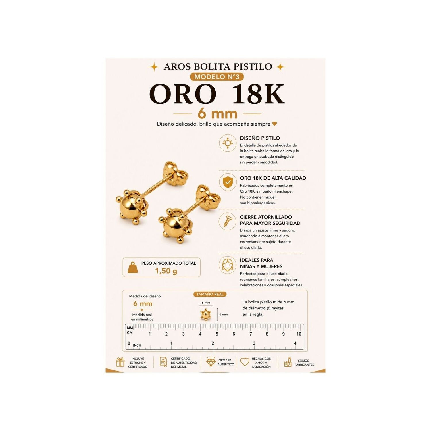 Aros Bolita Pistilo 6mm No3 Oro 18k 1.50gr Regalo Mujer Dorado image number 4.0