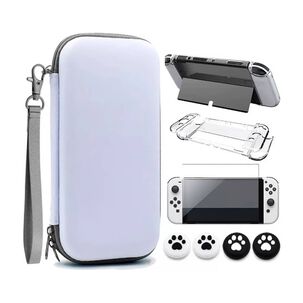 Estuche + Mica Vidrio + Funda + Grips - Nintendo Switch Oled Blanco