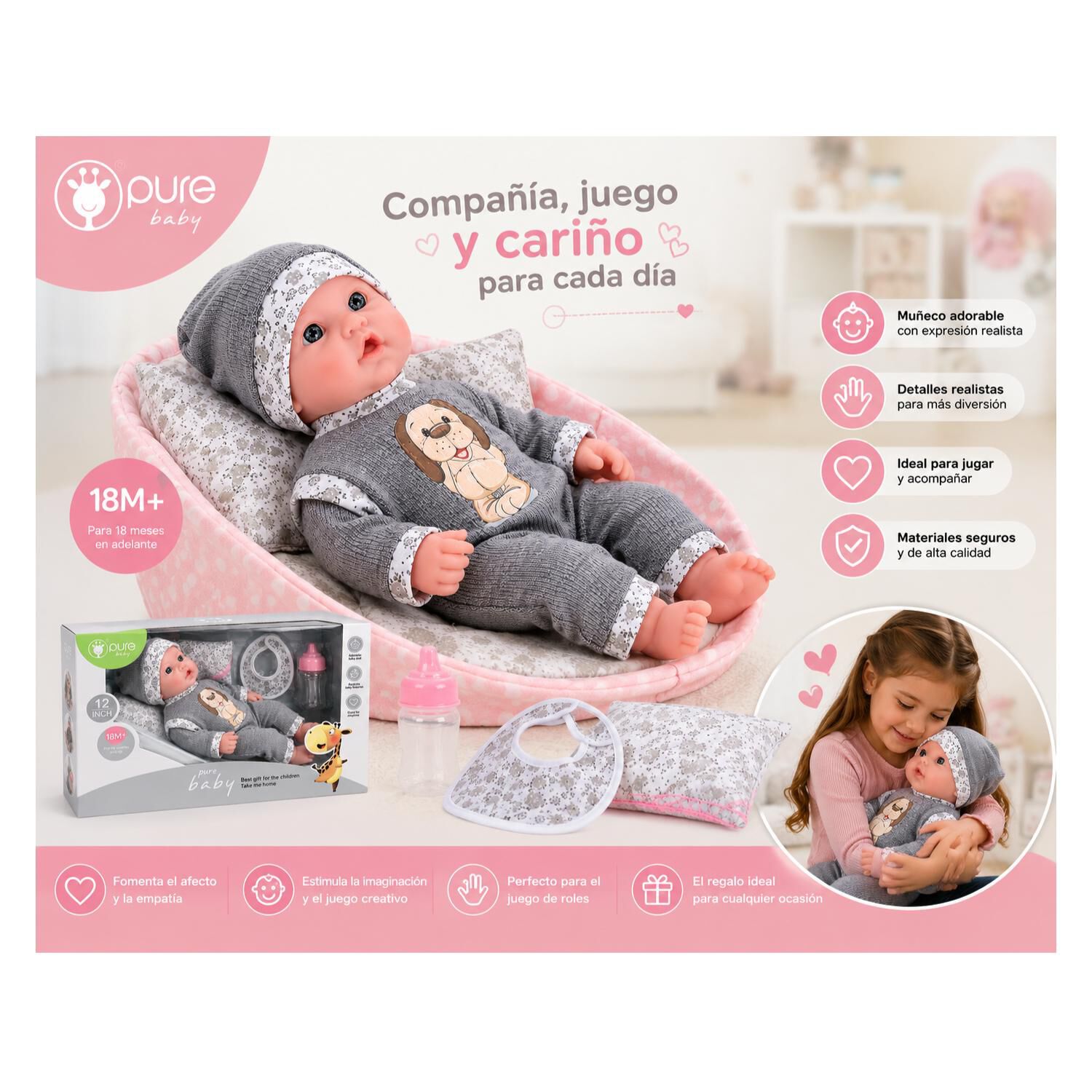 Juguete Mu&ntilde;eca Bebe 35cm Con Accesorios Gris Infantil image number 3.0