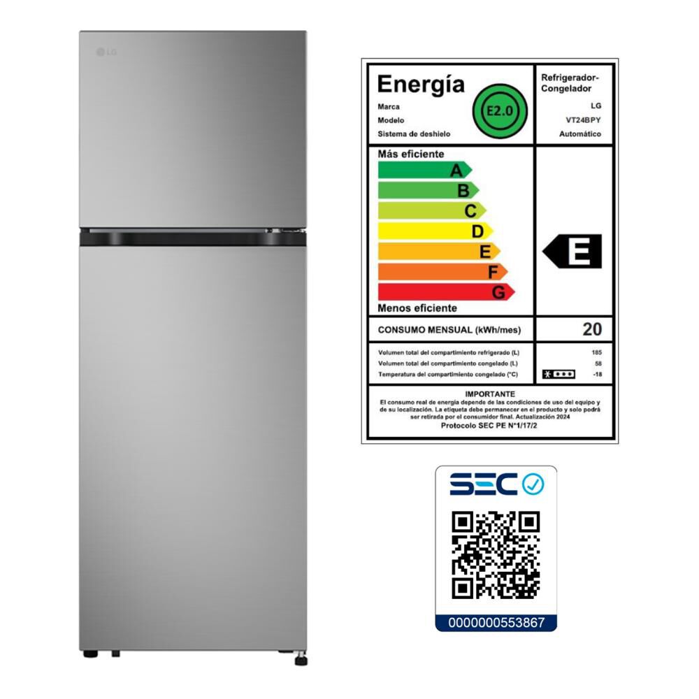 Refrigerador Top Freezer LG VT24BPY.APYPECL / No Frost / 243 Litros / E image number 3.0