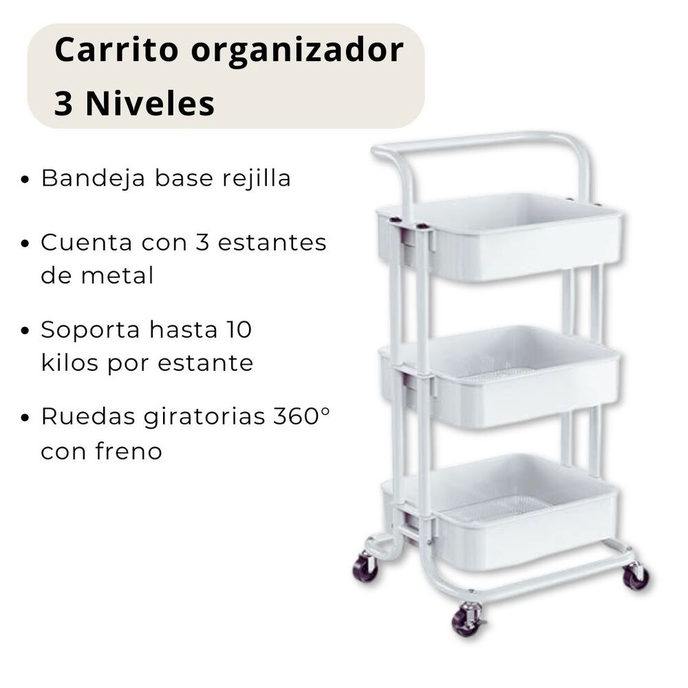 Carrito De Almacenamiento Organizador 3 Niveles Con Ruedas Color Blanco image number 3.0