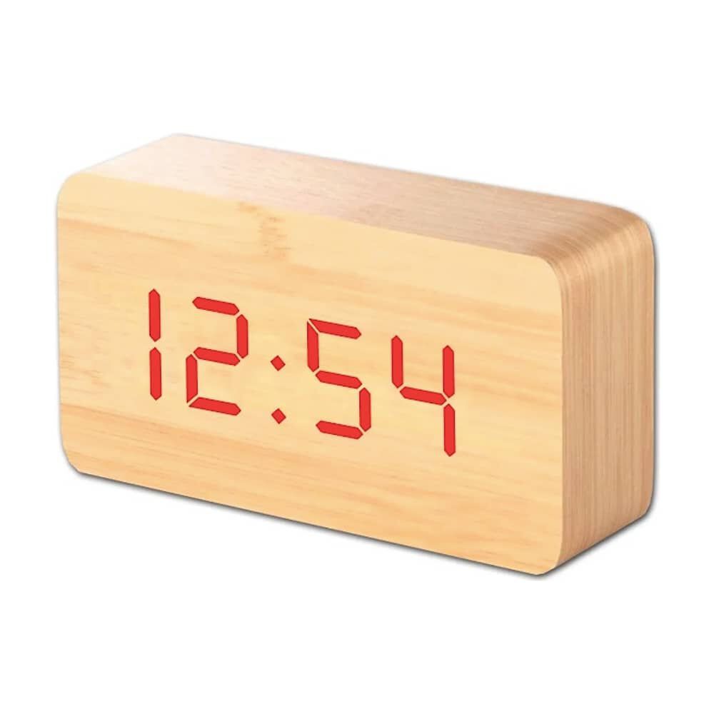 Reloj Luz Led Digital Despertador A Pilas Y Usb Imita Madera image number 0.0