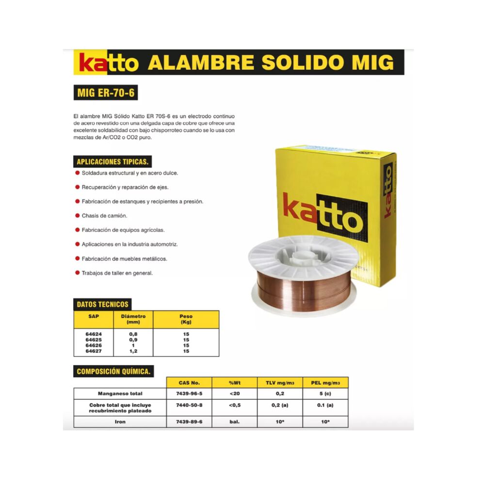 Rollo Alambre Mig Solido 0.8mmx15kg Soldadura Katto image number 1.0