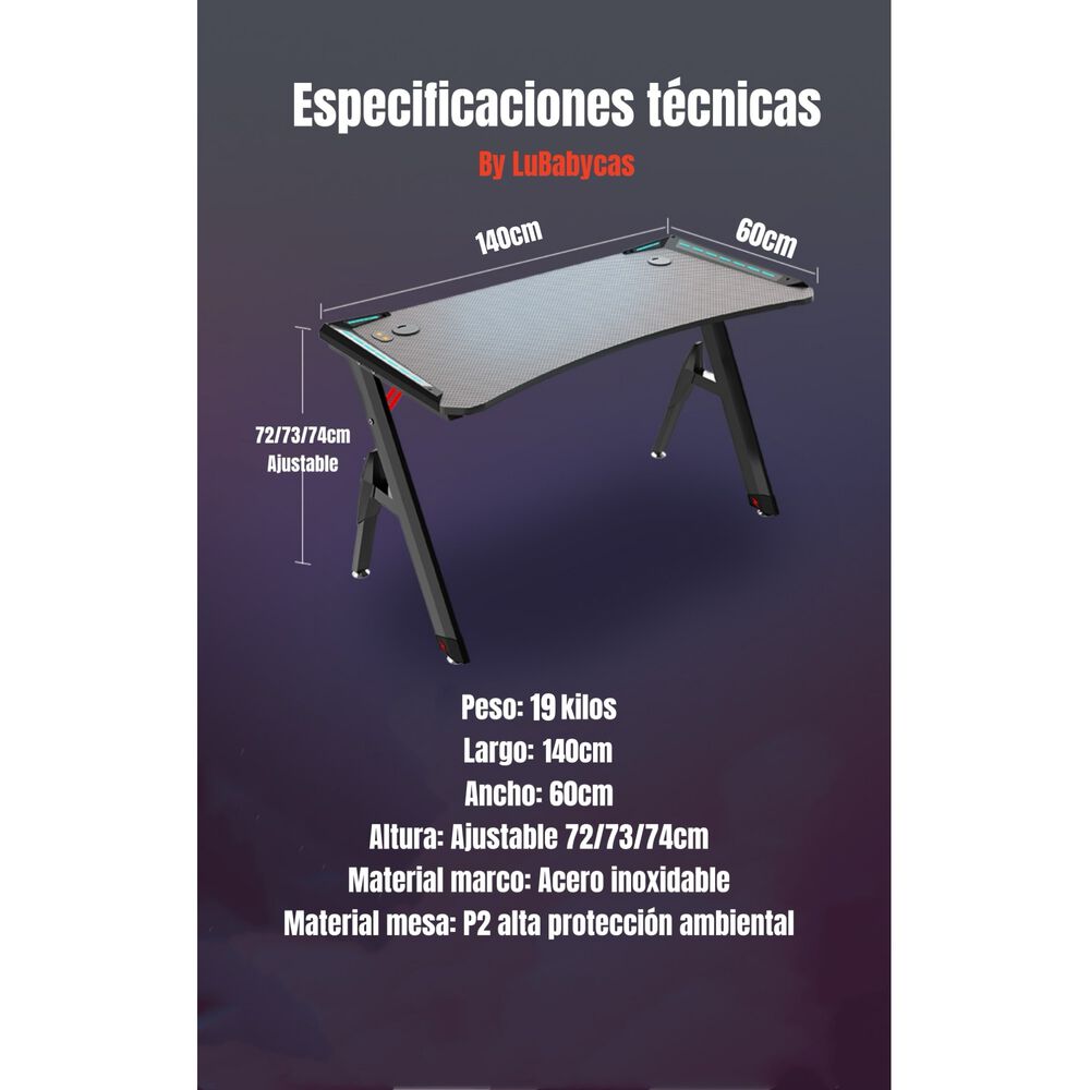 Escritorio Gamer Con Luces 140x60x73cm Negro By Lubabycas image number 7.0
