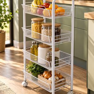 Carrito Organizador Verdulero Frutero Met&aacute;lico 4 Niveles Con Ruedas Blanco