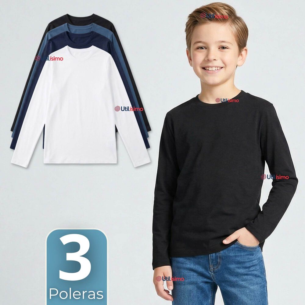 Pack 3 Poleras Camisetas Bamb&uacute; Cuello Redondo Primera Capa Manga Larga Colores Surtido Ni&ntilde;o image number 0.0