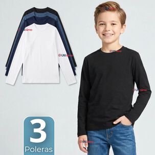 Pack 3 Poleras Camisetas Bamb&uacute; Cuello Redondo Primera Capa Manga Larga Colores Surtido Ni&ntilde;o