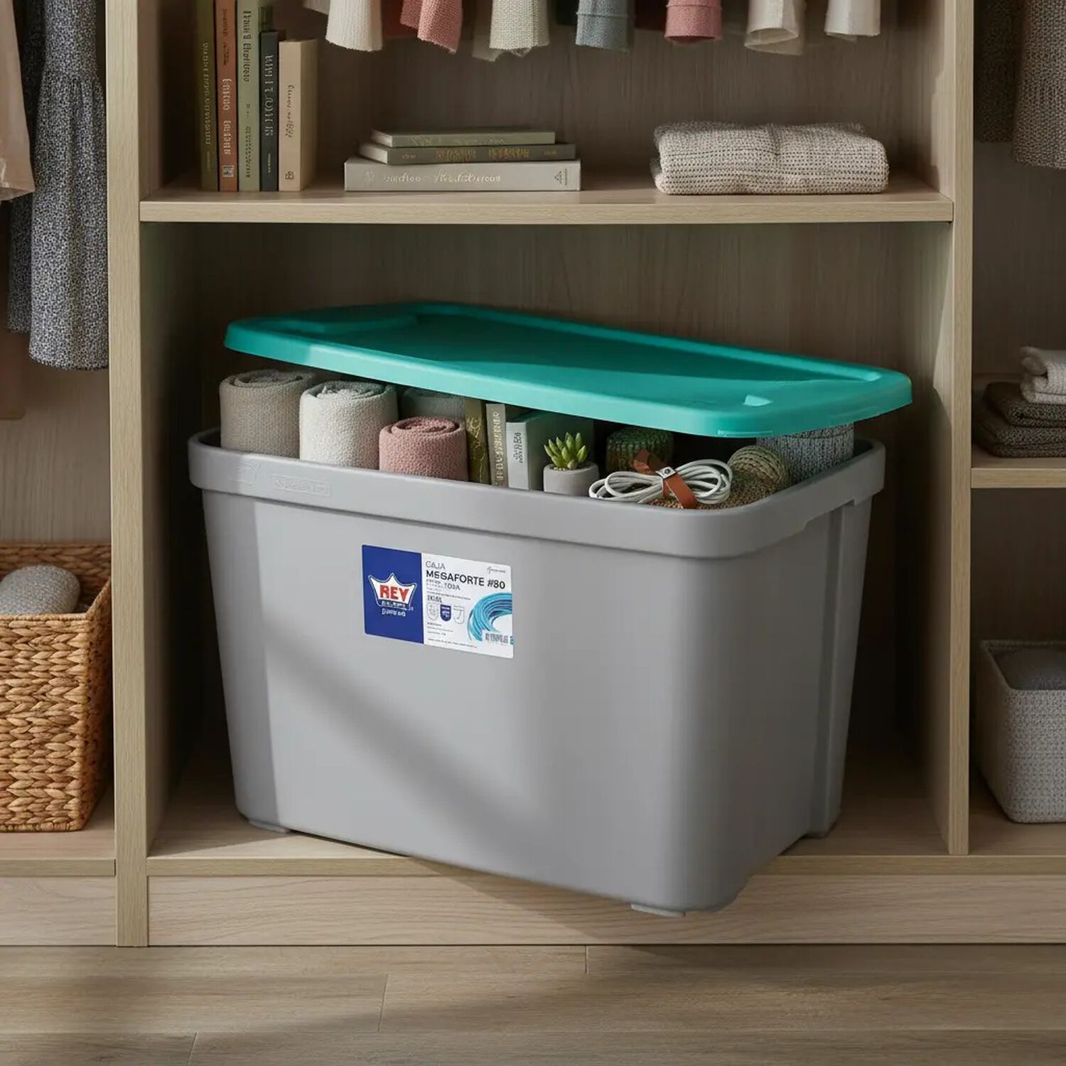 Caja Organizadora Almacenamiento Megaforte 75 Litros Color Tapa Verde Agua image number 4.0