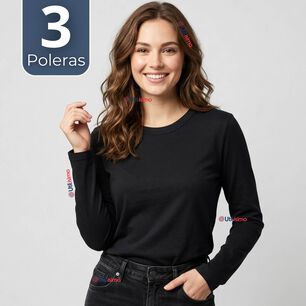 Pack 3 Camisetas Poleras Polar Primera Capa Negro Manga Larga Mujer