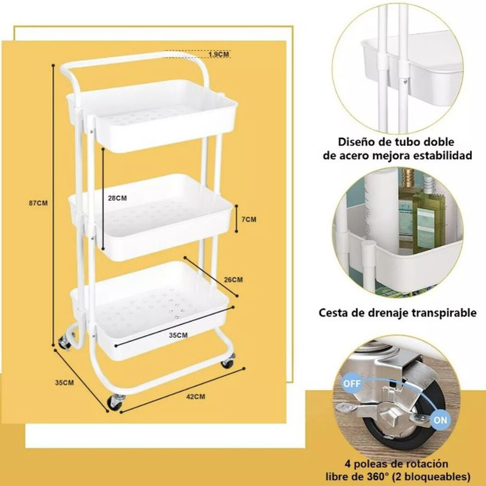 Carro Organizador Mueble Estante De Almacenamiento 3 Nivele Color Blanco image number 3.0