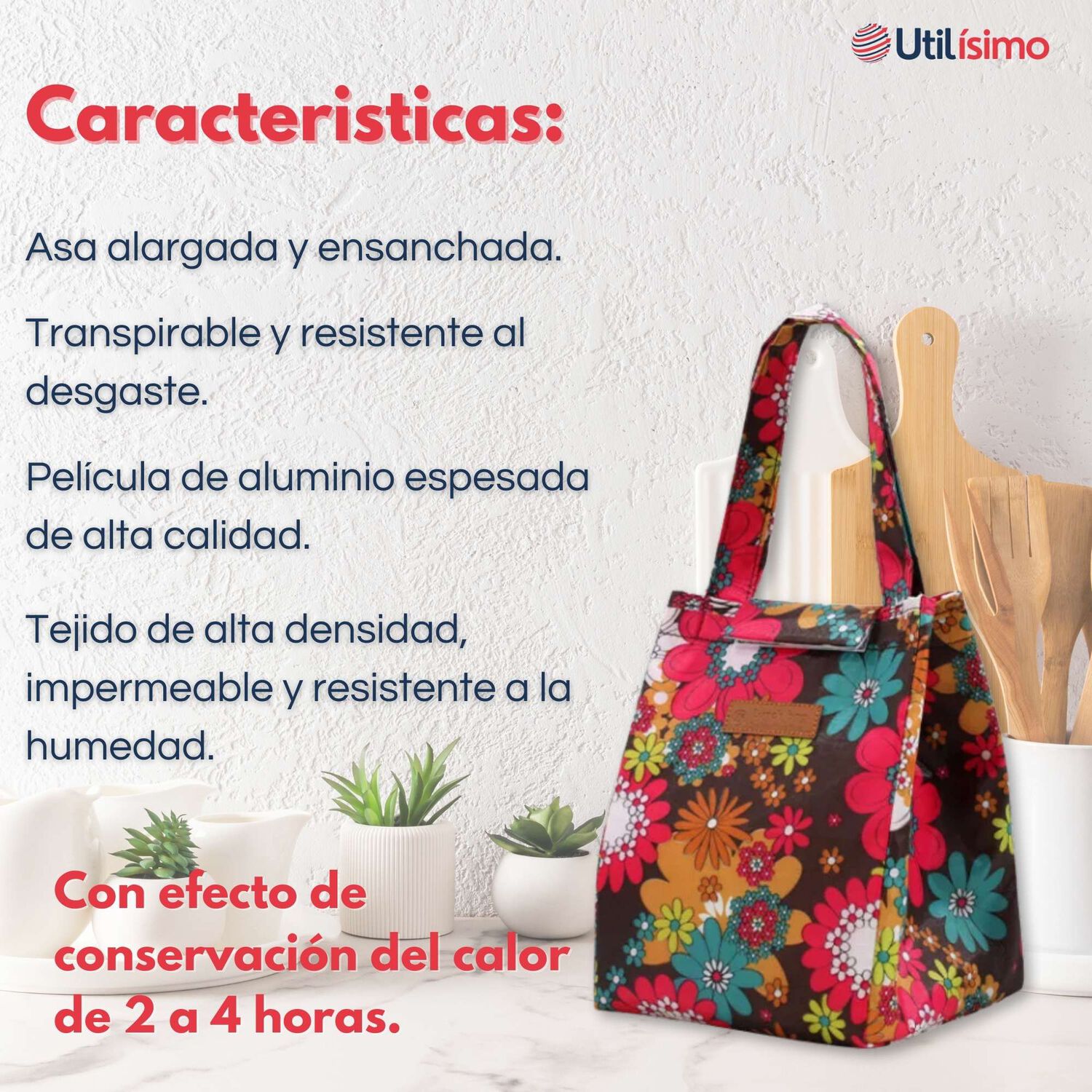 Lonchera T&eacute;rmica Estampada Port&aacute;til Bolsa De Mano Picnic Rojo Flores image number 1.0