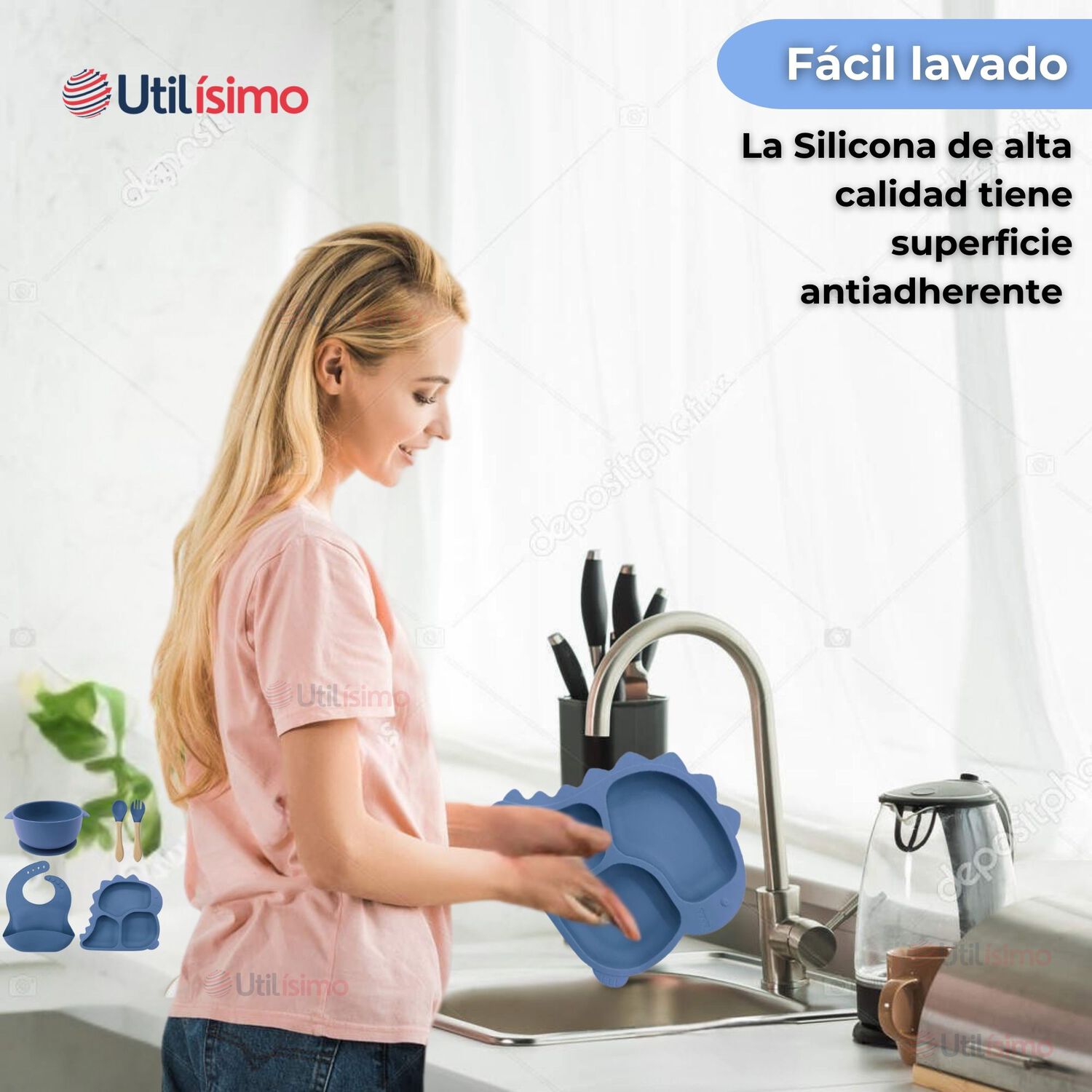 Set De Alimentaci&oacute;n Beb&eacute; Silicona 5 Piezas Dinosaurio Libre Bpa Color Azul image number 5.0