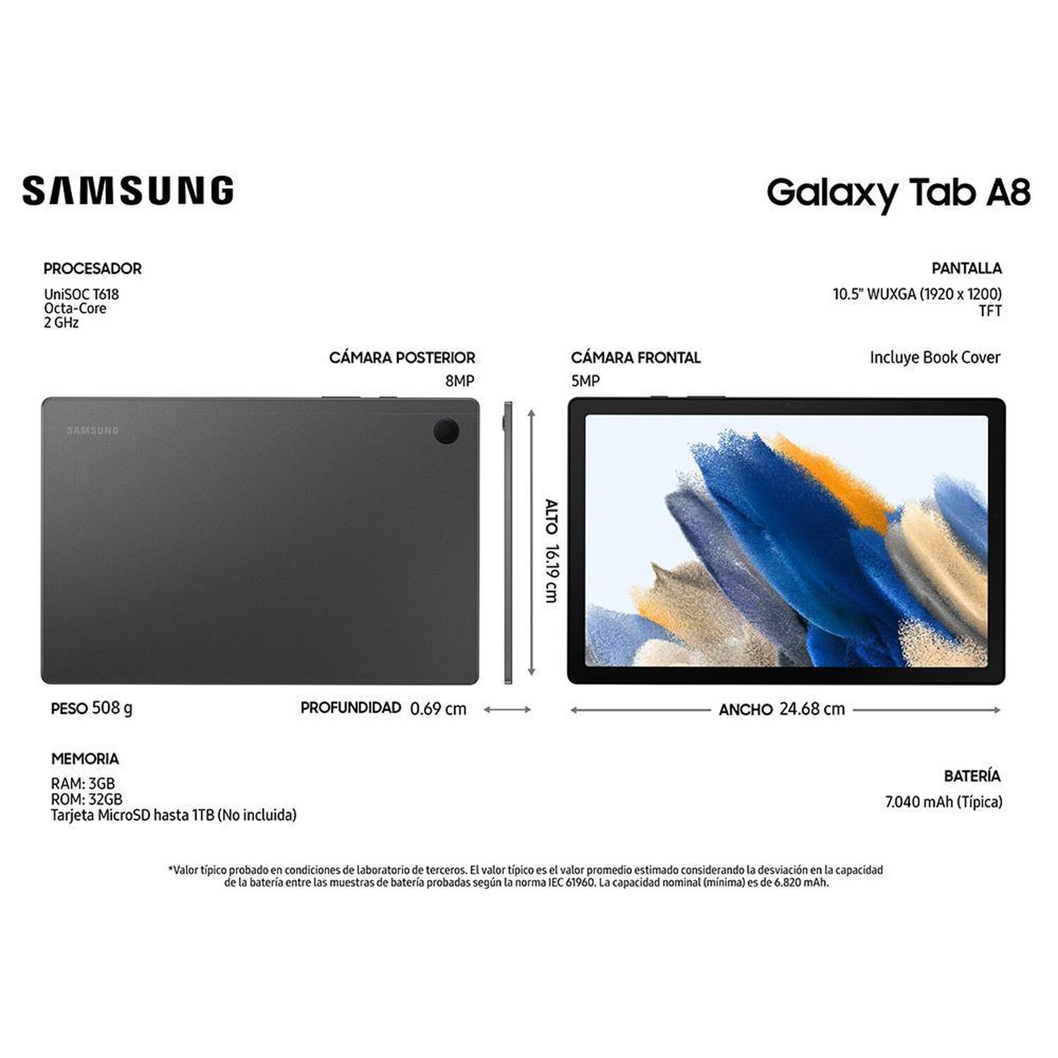 Tablet 10.5" Samsung Galaxy Tab  A8 + Book Cover / 3 GB RAM /  32 GB image number 3.0