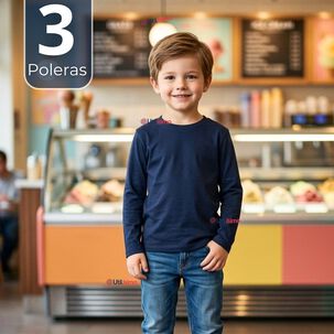 Pack 3 Poleras Camisetas Bamb&uacute; Azul Oscuro Cuello Redondo Primera Capa Manga Larga Ni&ntilde;o