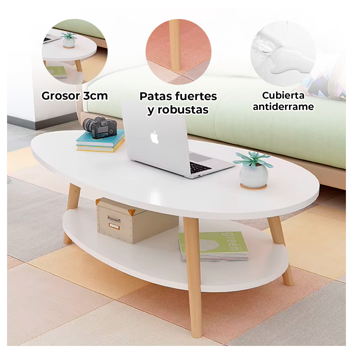 Mesa De Centro Ovalada Moderna Minimalista Con Almacenamiento image number 1.0