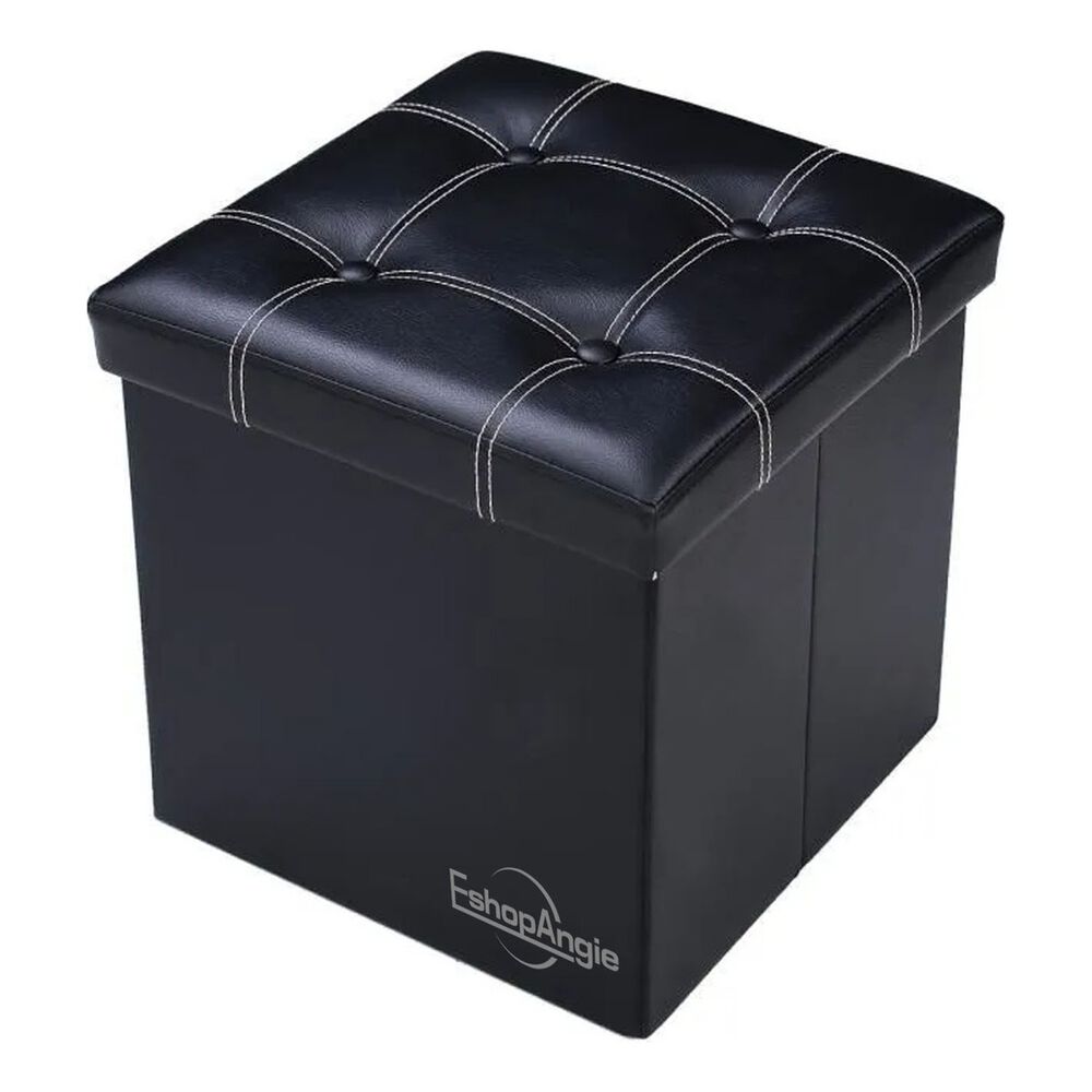 Puff Plegable Negro Almacenamiento Ecocuero 38cm Multifuncional image number 0.0
