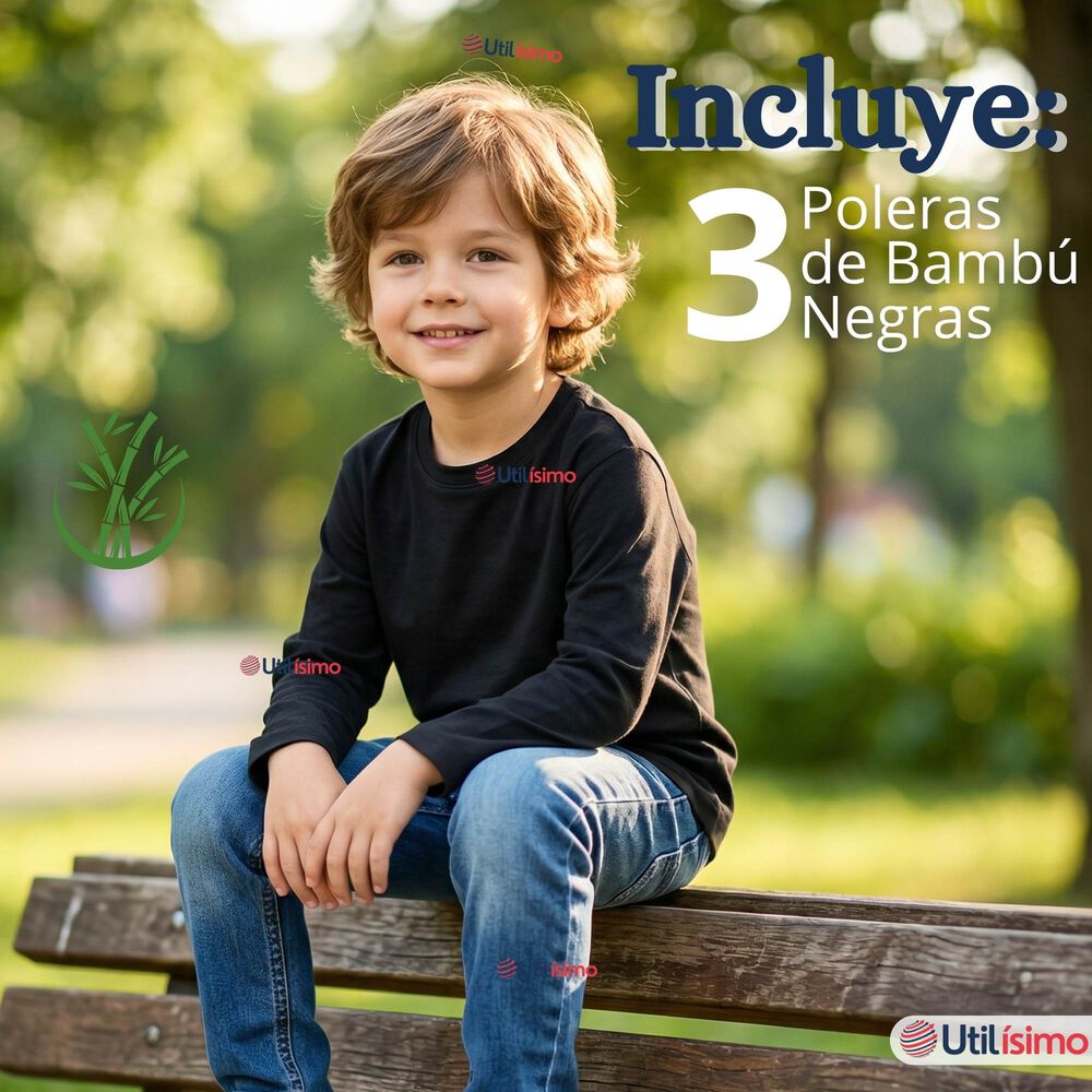 Pack 3 Poleras Camisetas Bamb&uacute; Negra Cuello Redondo Primera Capa Manga Larga Ni&ntilde;o image number 1.0