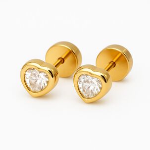 Aros Abridores Coraz&oacute;n 5 Mm Oro 18k Con Circ&oacute;n Y Tope A Presi&oacute;n